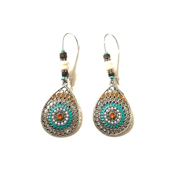 Vintage Style Blue Beige & Silver Tone Hoop Drop Earrings - Picture 2 of 4